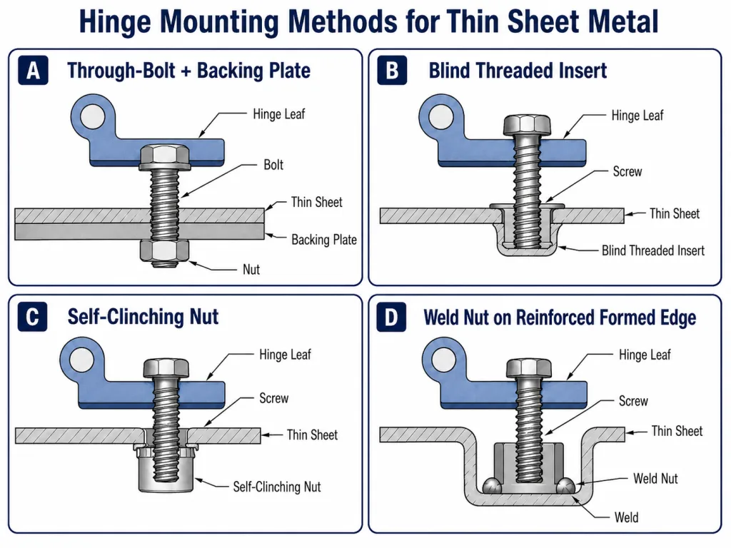 Hinge mounting methods for thin sheet metal using backing plates threaded inserts clinch nuts and weld nuts