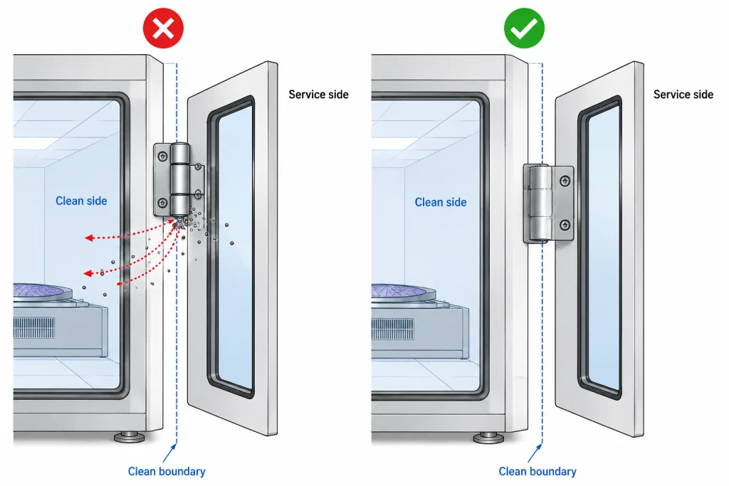 Clean room hinge comparison showing a pivot at the cleanliness boundary and a pivot located outside the controlled space