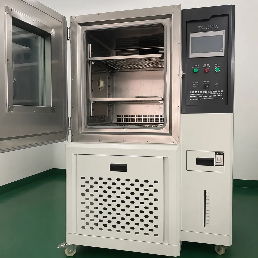 Open environmental test chamber with door hinges and gasket