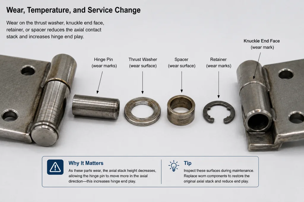 Hinge thrust washer and knuckle wear affecting end play