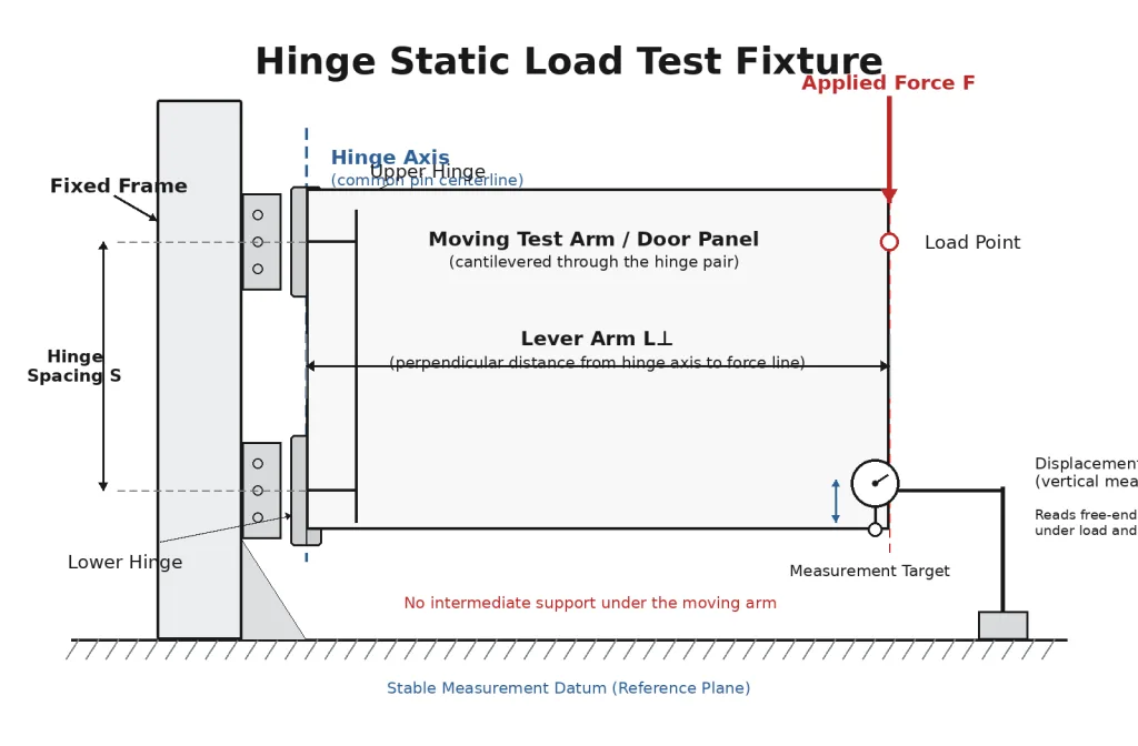 Hinge static load test fixture with force lever arm and displacement measurement