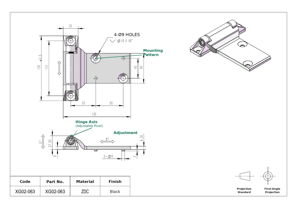 HSP XG02-063 adjustable industrial hinge engineering drawing showing mounting pattern and hinge axis