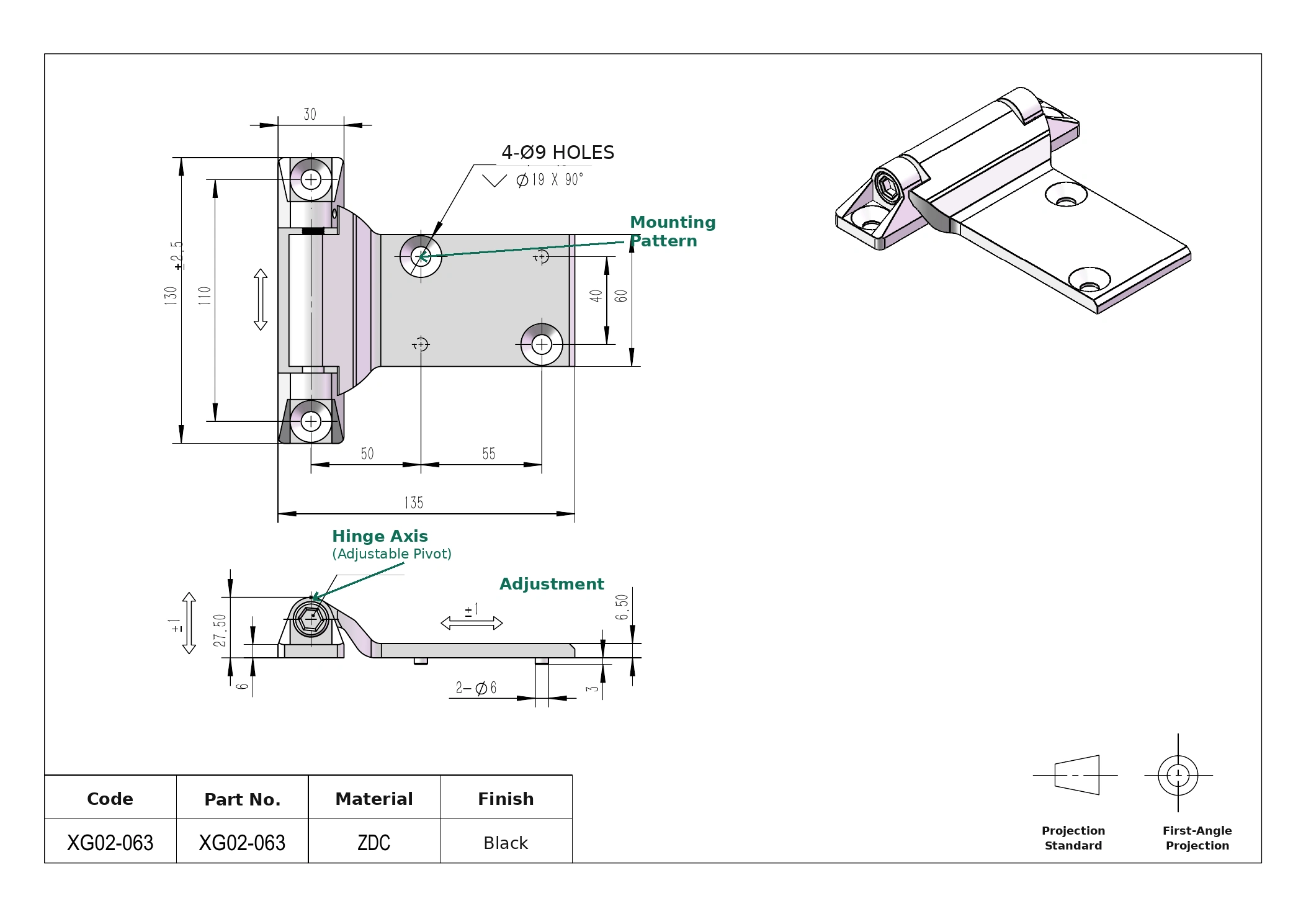 HSP XG02-063 industrial hinge engineering drawing with mounting and pivot dimensions