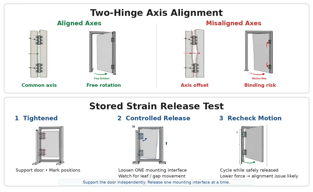 Industrial door showing aligned and misaligned hinge axes with a stored strain release test