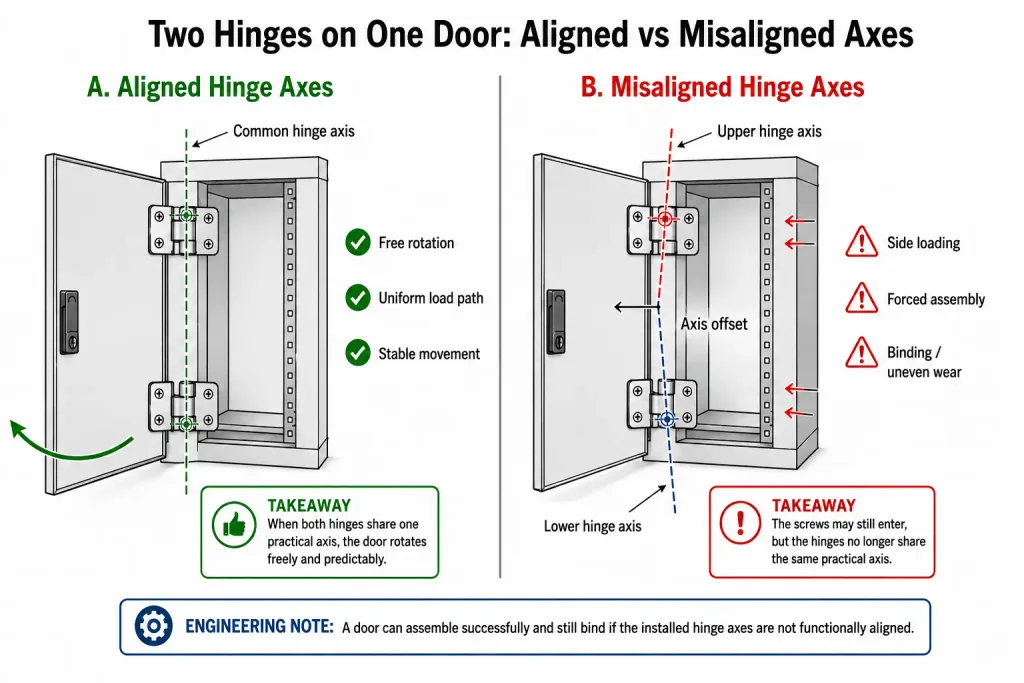 Industrial door showing aligned and misaligned hinge axes and the resulting binding