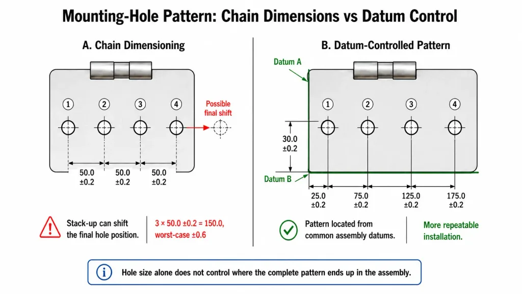 Industrial hinge mounting hole pattern comparing chained dimensions with datum-controlled positioning