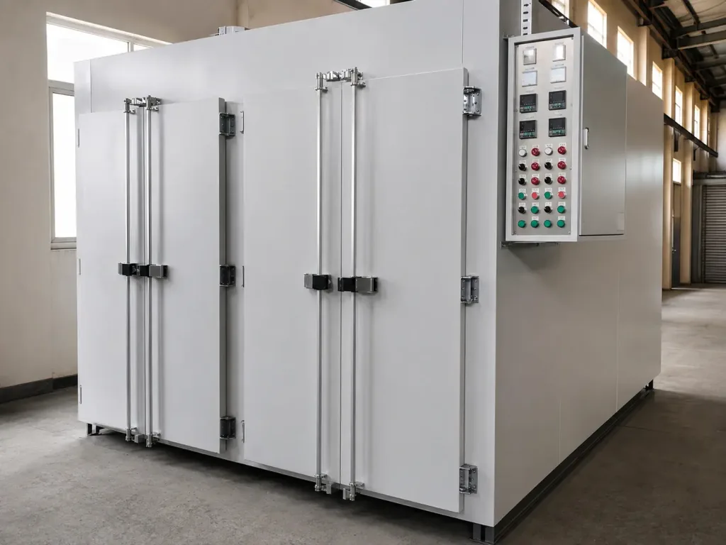 Industrial oven door hinges on a side-opening high-temperature process oven