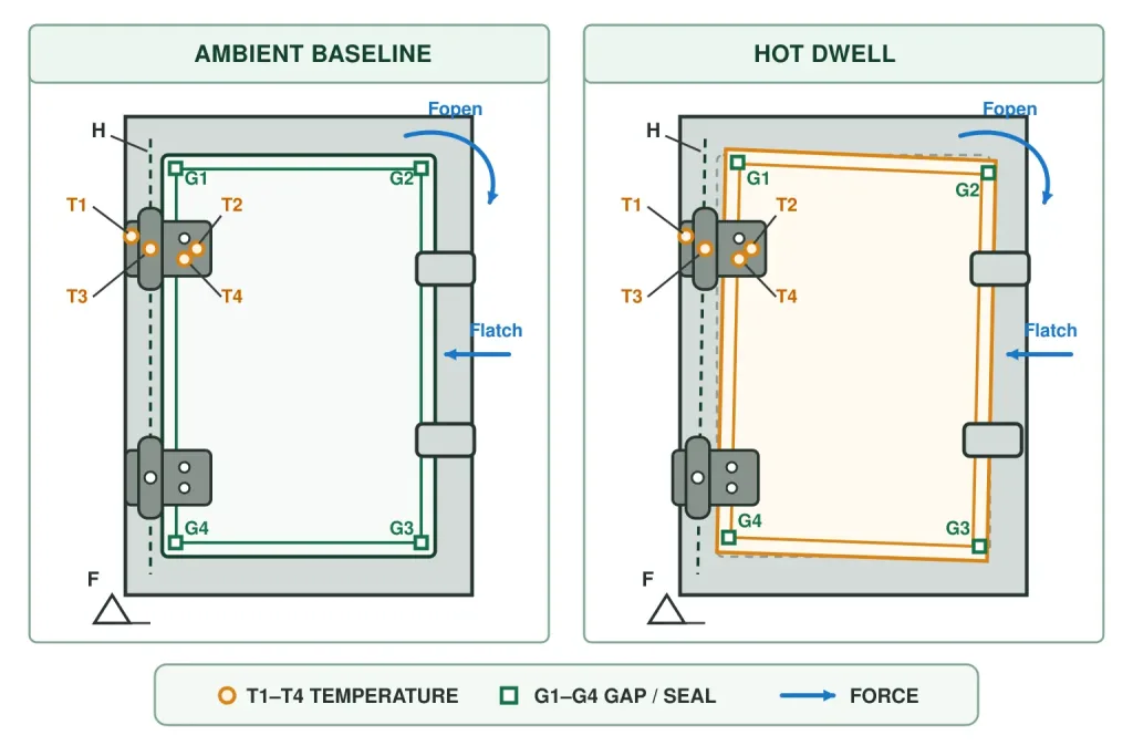 Industrial oven door hinge validation across closed dwell hot opening repeated use and cooldown