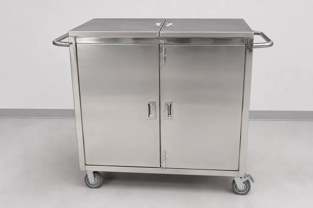 Medical cart with hinged front doors and top lids