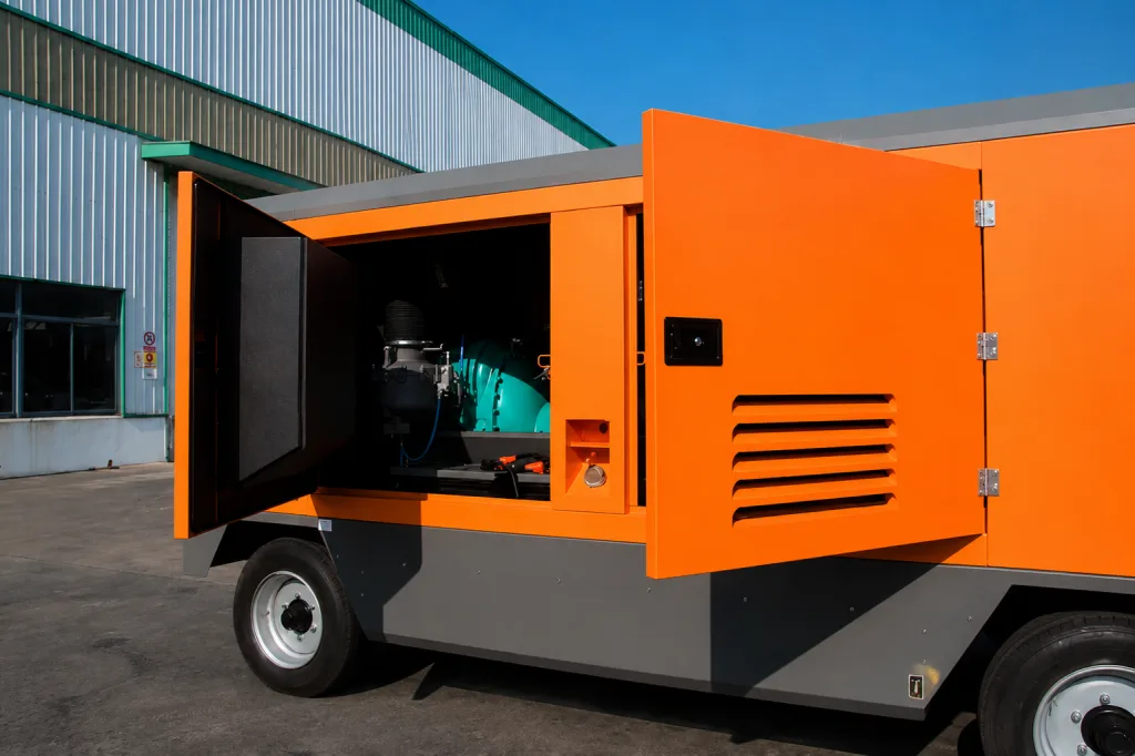 open mobile equipment access doors with surface-mounted hinges