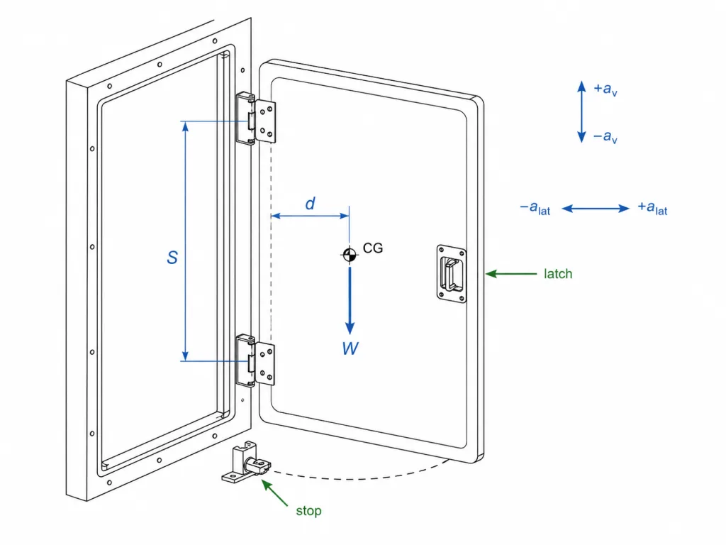 Railcar access door hinge load path showing door weight center of gravity hinge spacing vibration and latch reaction