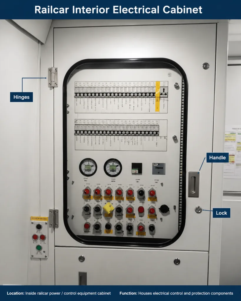 Railcar interior electrical cabinet with exposed hinges recessed handle and door lock