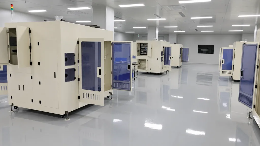 Semiconductor manufacturing equipment in a cleanroom with hinged access doors open for service