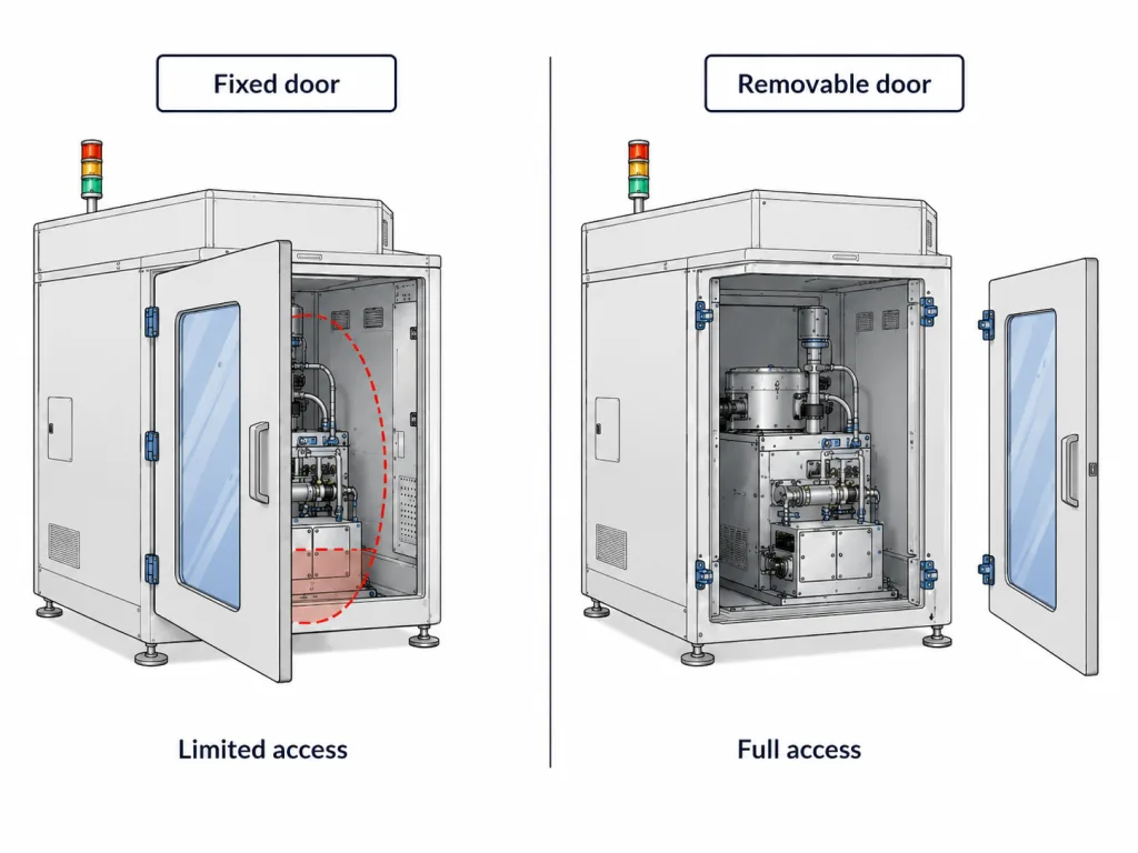 Semiconductor equipment lift-off hinge service path showing disengagement clearance panel support and complete service access