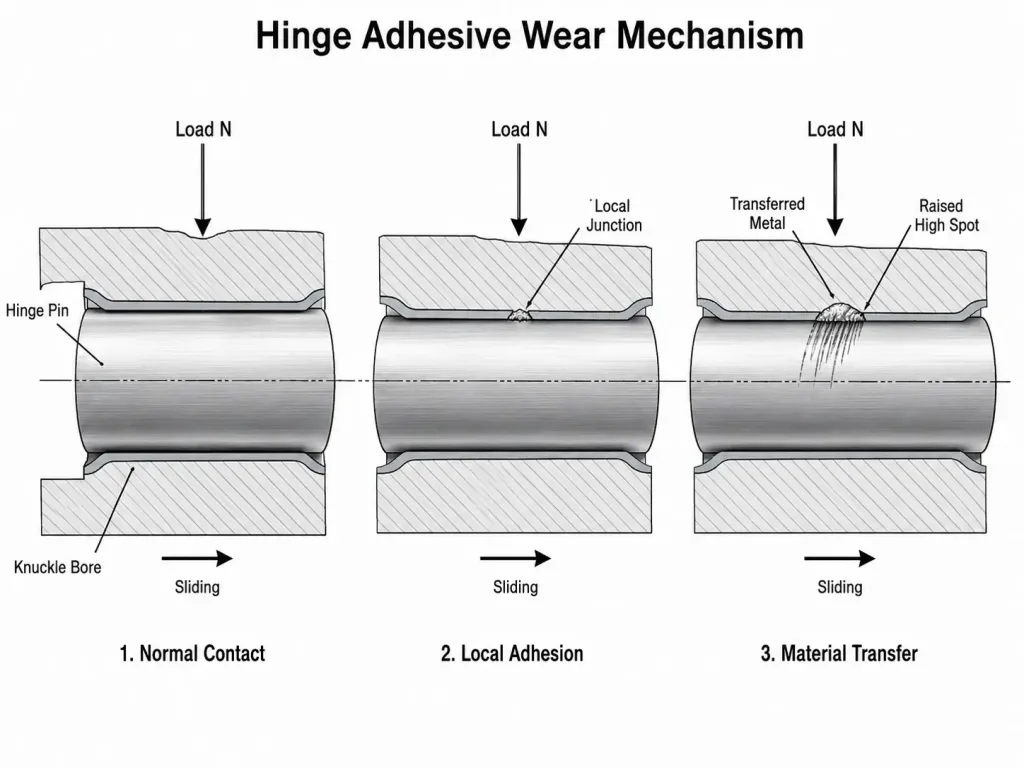Stainless steel hinge adhesive wear and material transfer
