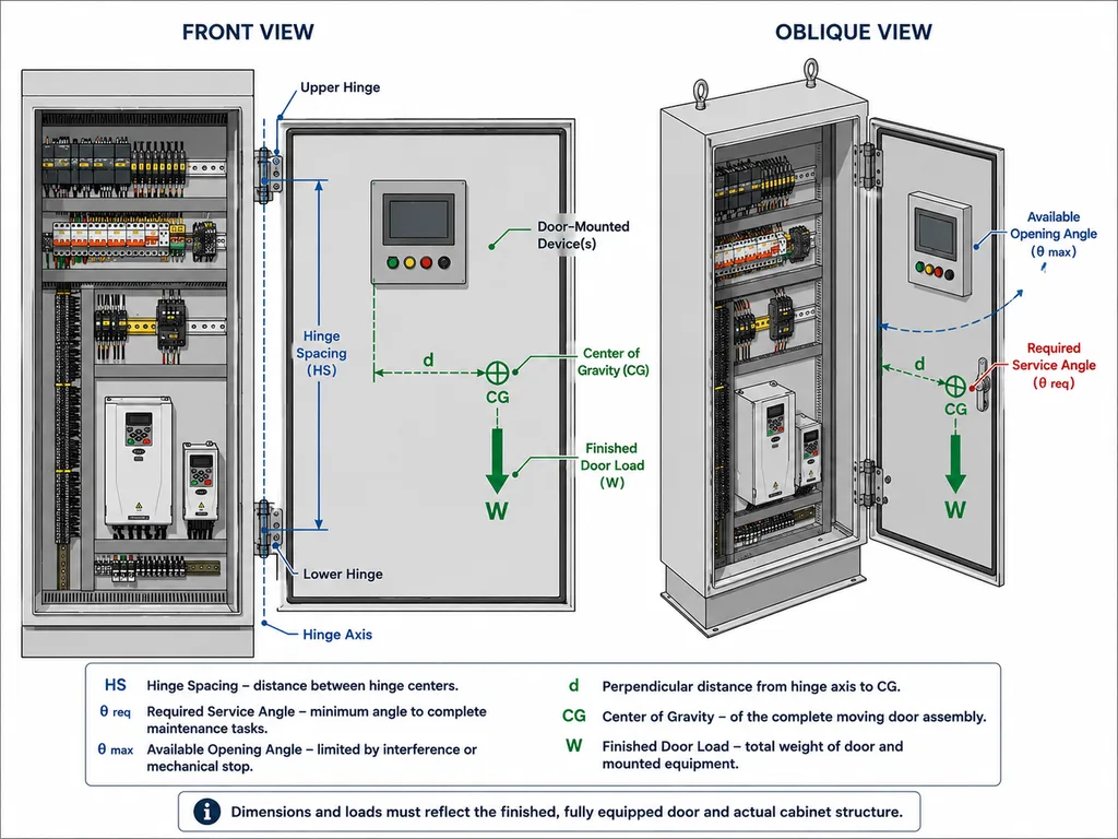 Control panel door load, center of gravity, hinge axis and hinge spacing diagram