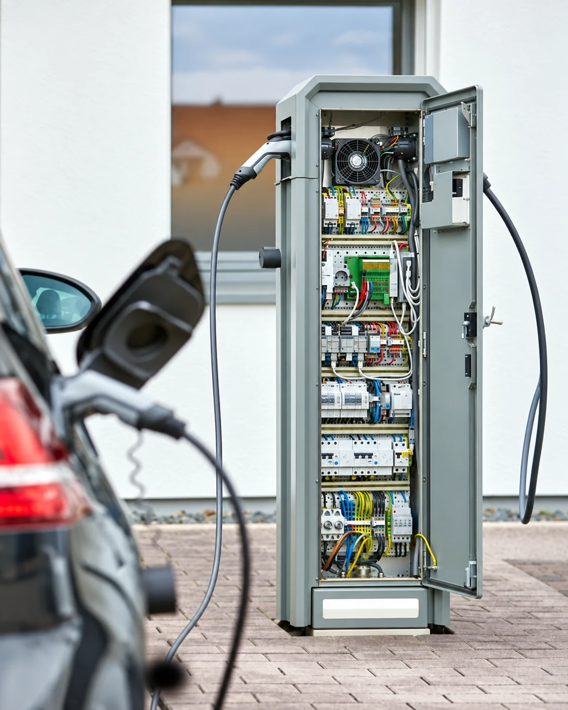 EV charging station with open service door