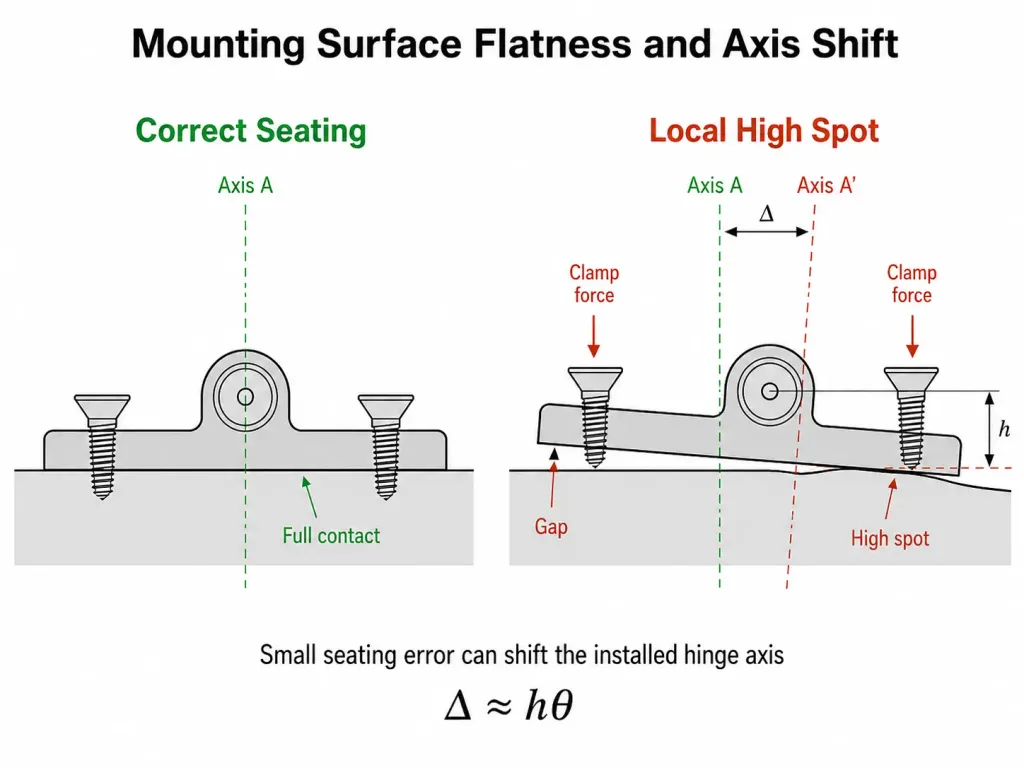 A local high spot can tilt the hinge leaf during clamp-up and shift the installed pivot axis even when the mounting-hole positions remain unchanged.
