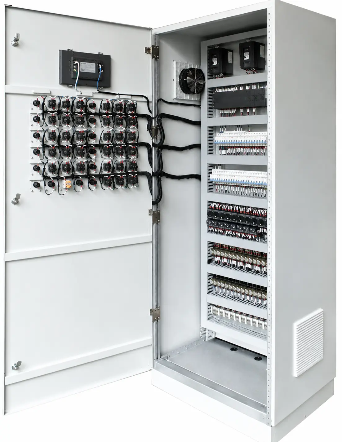 Electrical enclosure cabinet with an open door and visible hinge side
