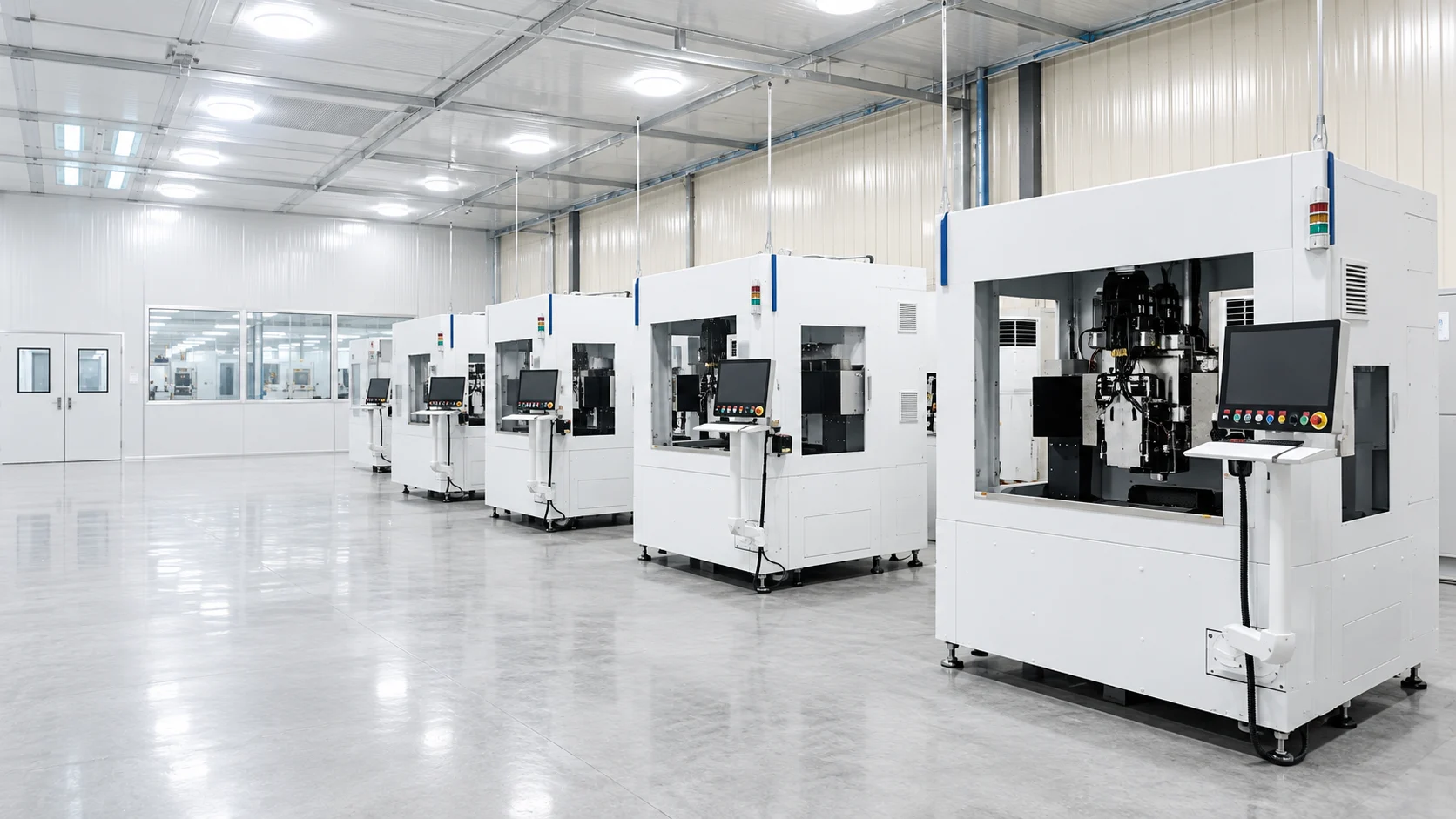 Semiconductor manufacturing equipment line in a cleanroom