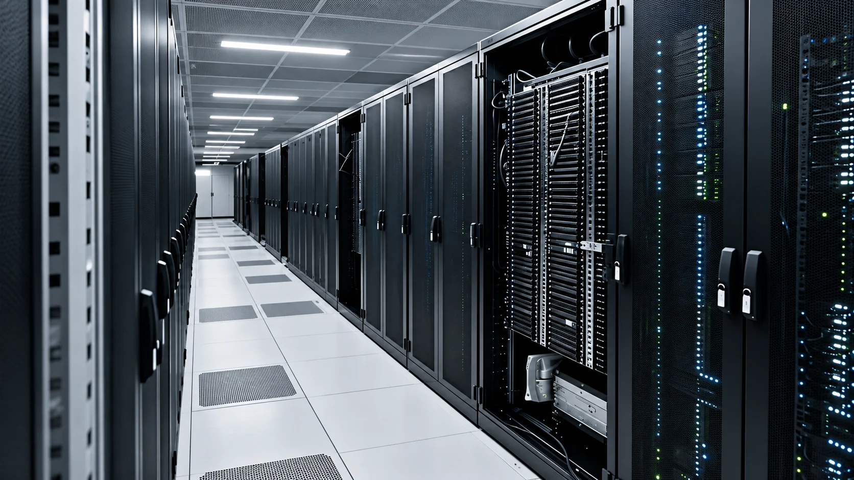 Server rack aisle with network cabinets and service access doors