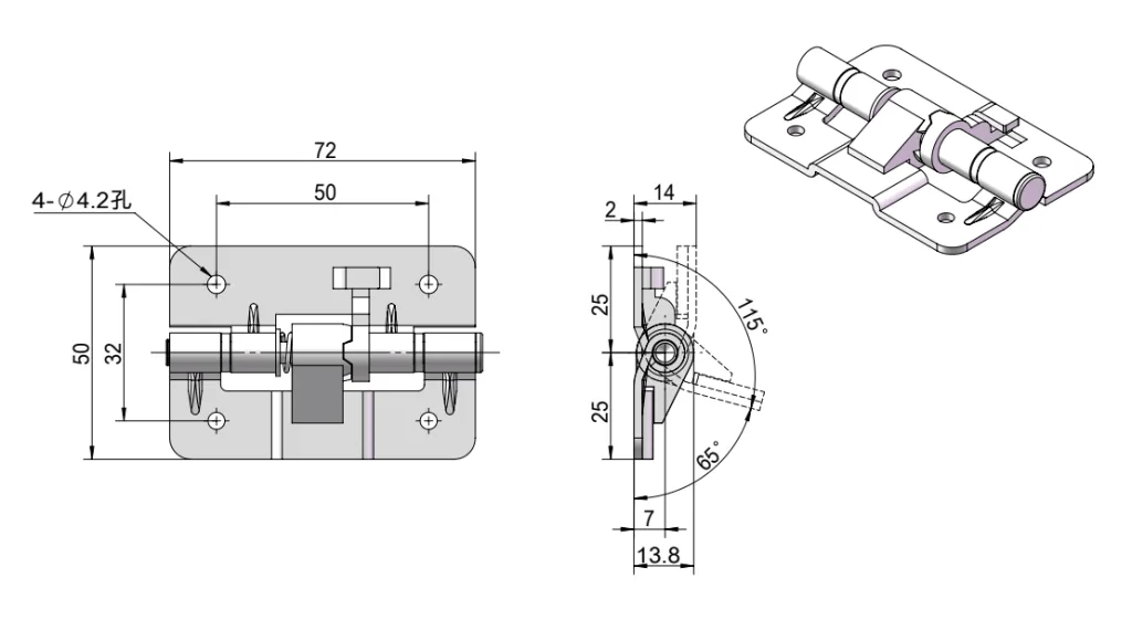 Hinge engineering drawing showing mounting hole spacing, side-view angular dimensions and an isometric view