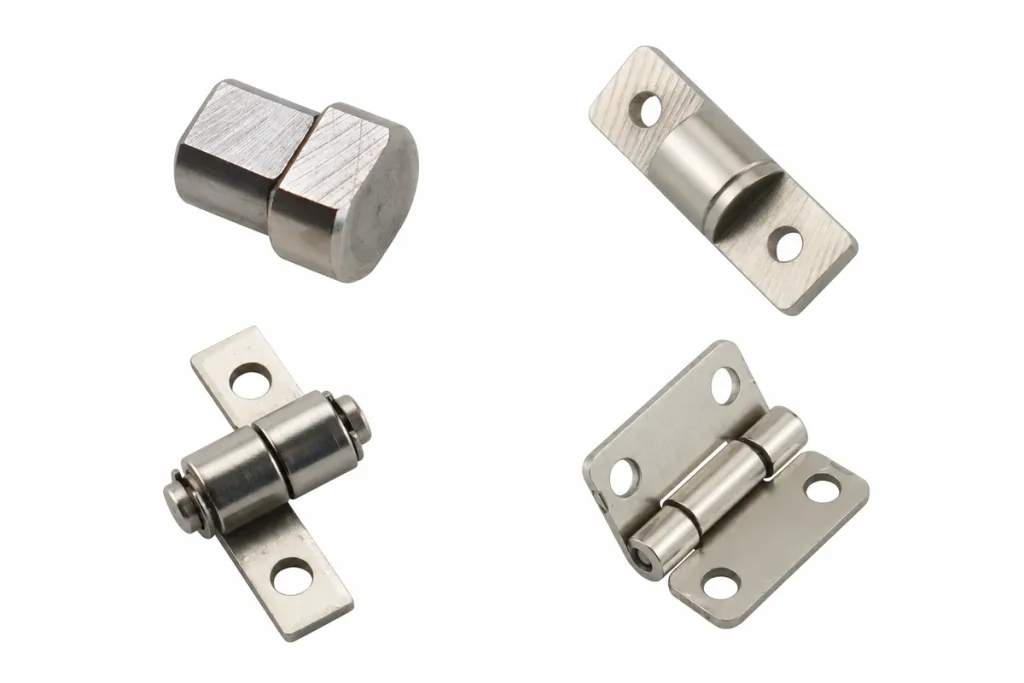 Four mini torque hinge designs showing different body shapes and mounting configurations on a white background.
