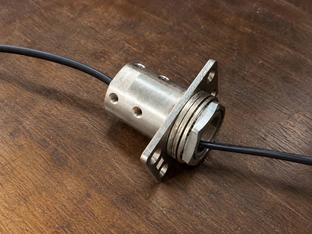 Swivel torque hinge with a black cable passing through its central bore