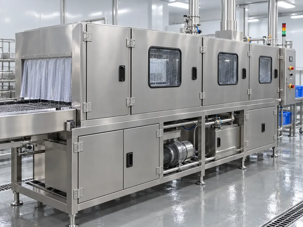 Washdown equipment with hinged access doors, inspection windows, and a conveyor system